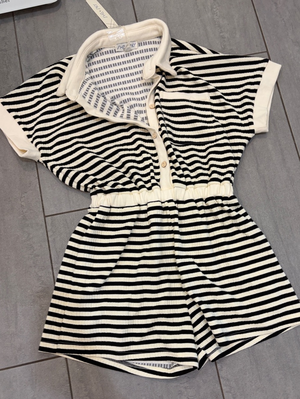 She + Sky Black and Cream Striped Short-Sleeve Romper with Elastic Waist